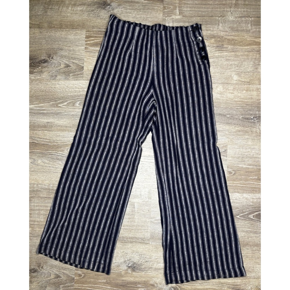 GAP Women Navy Blue White Striped Linen Blend Wide Leg Crop Pants Beach Sz 6 Reg
